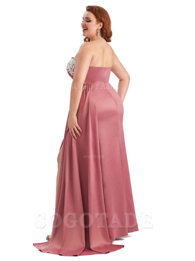 Sexy Side Slit Strapless Mermaid Lace Soft Satin Long Plus Size Maid of Honor Dresses