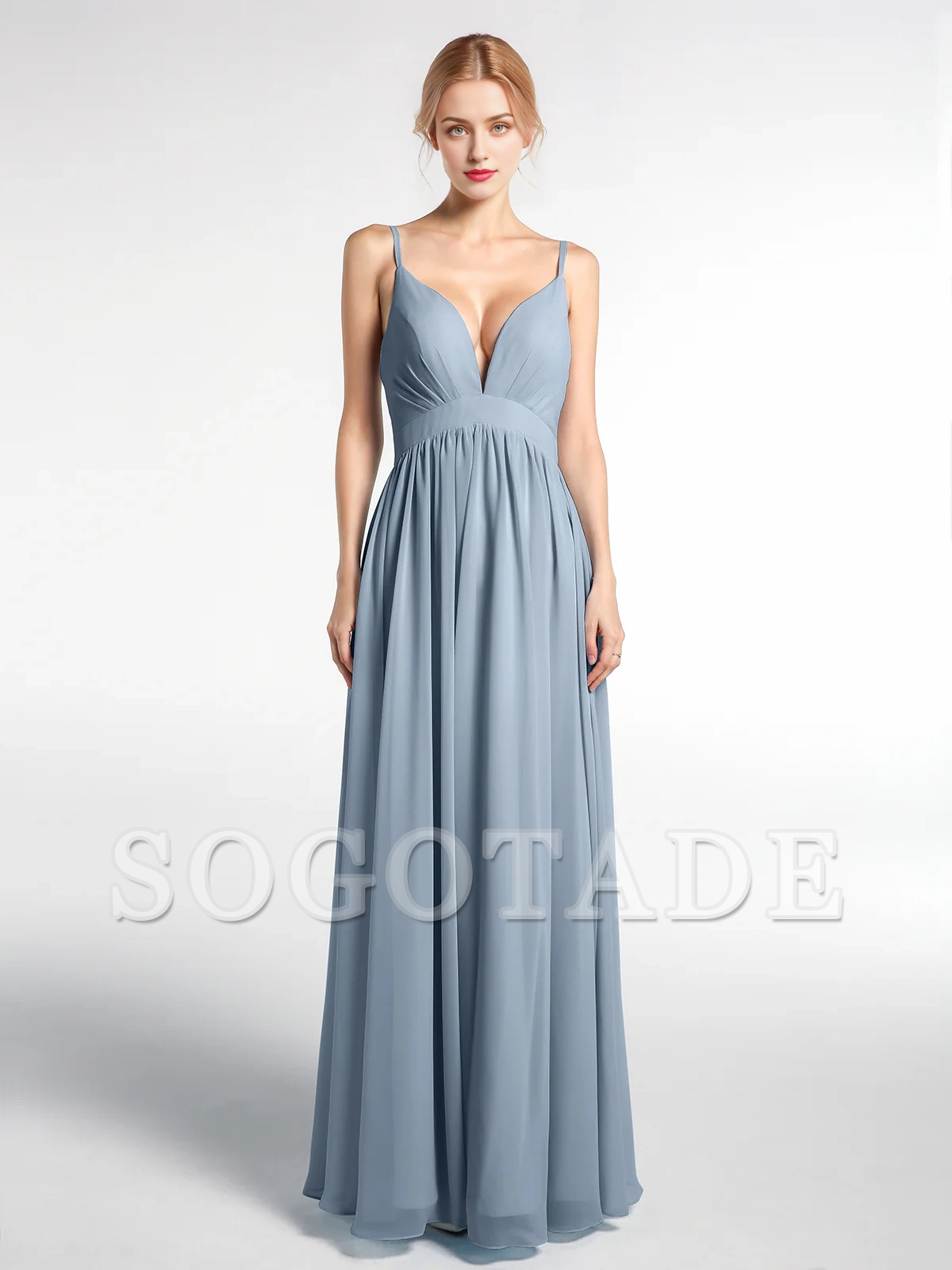 Deep V-neck high waisted chiffon long dress