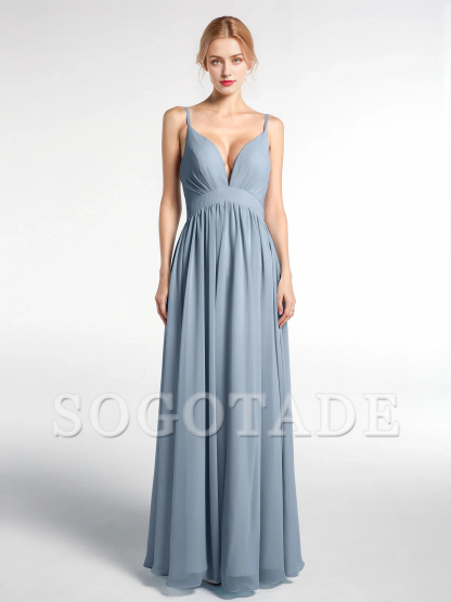 Deep V-neck high waisted chiffon long dress