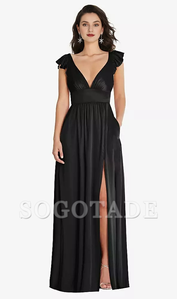 Deep V-neck dual-use shoulder strap with ruffled edge cover sleeve length Prom dress
