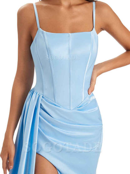 Spaghetti Straps Floor-Length Satin formal dresses evening gown Bridesmaid Dresses With Side Slit 