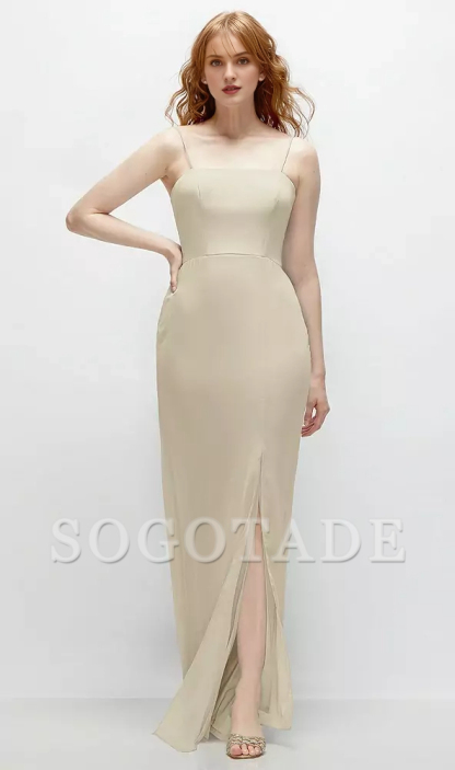 Front slit back strap hollow horn and floor length Prom dress