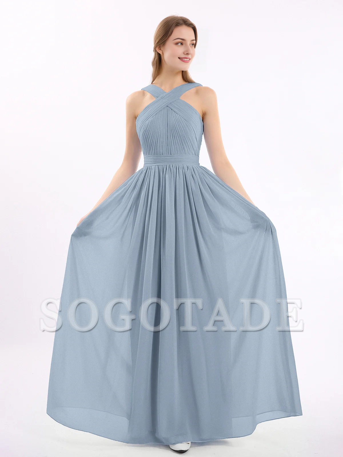 Bow front cross chiffon long dress
