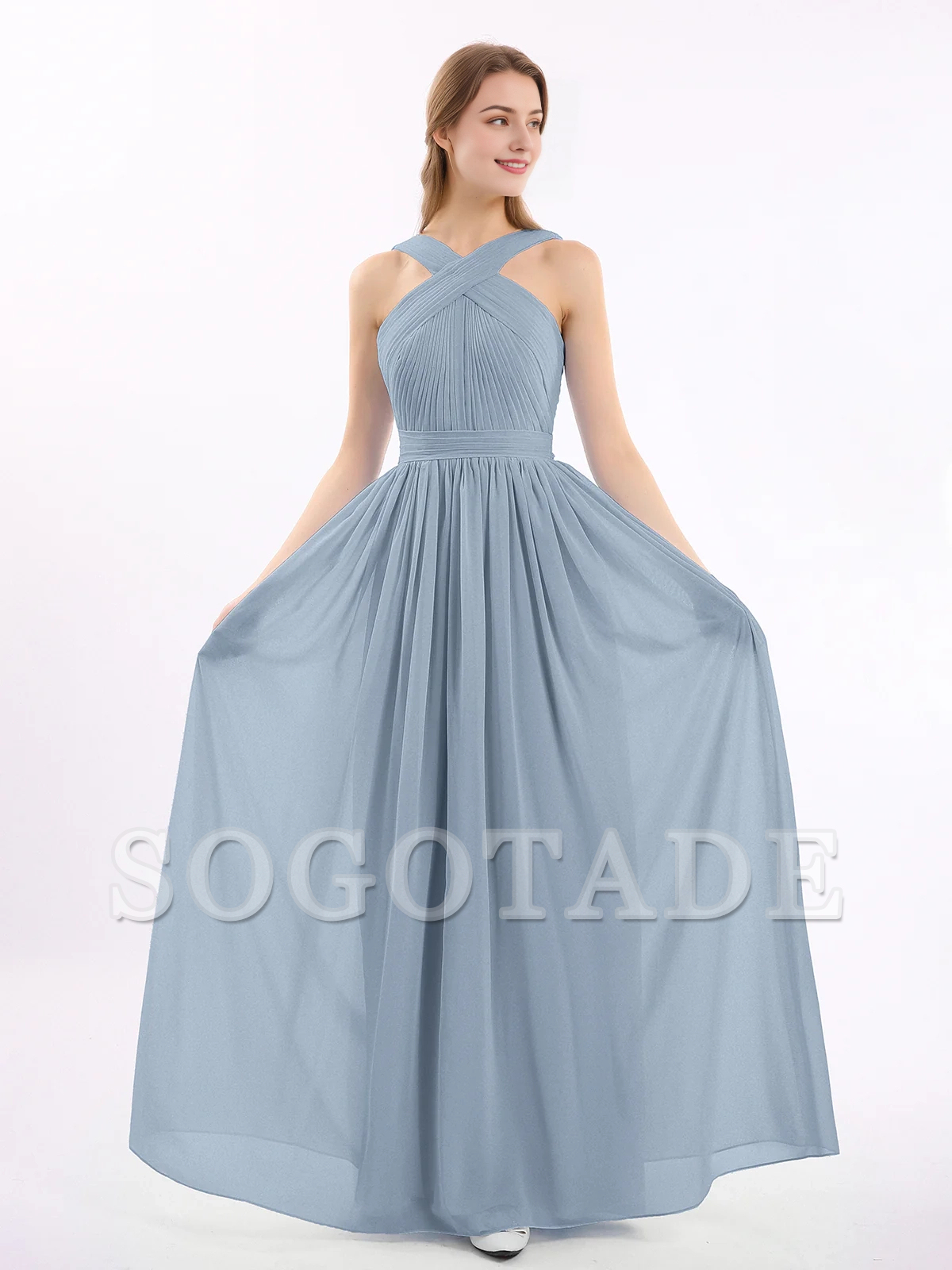 Bow front cross chiffon long dress