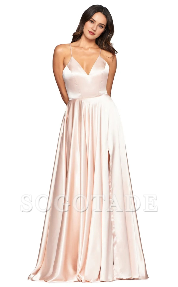 Deep V-neck sleeveless fitted side slit and floor length evening dress