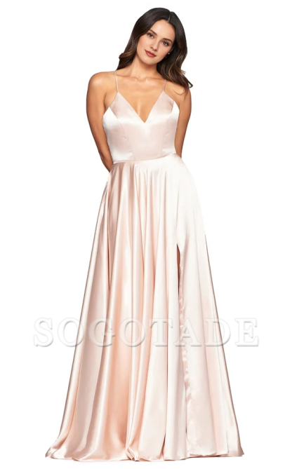 Deep V-neck sleeveless fitted side slit and floor length evening dress