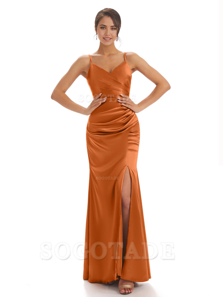 Spaghetti Straps Pleats Satin formal dresses evening gown Bridesmaid Dresses With Side Slit 