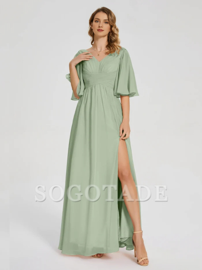 V-neck half sleeved chiffon mother of the bride dress