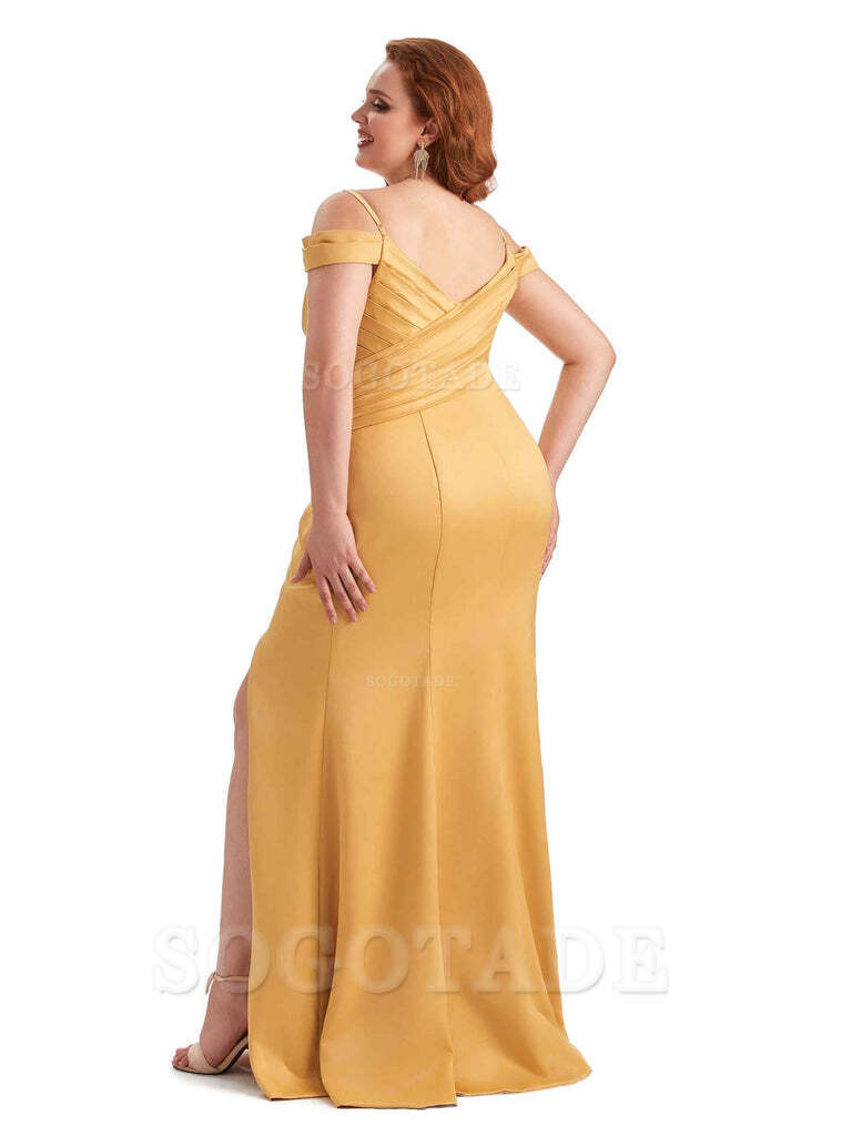 Elegant Cold Shoulder Side Slit Mermaid Soft Satin Long Plus Size Bridesmaid Gowns