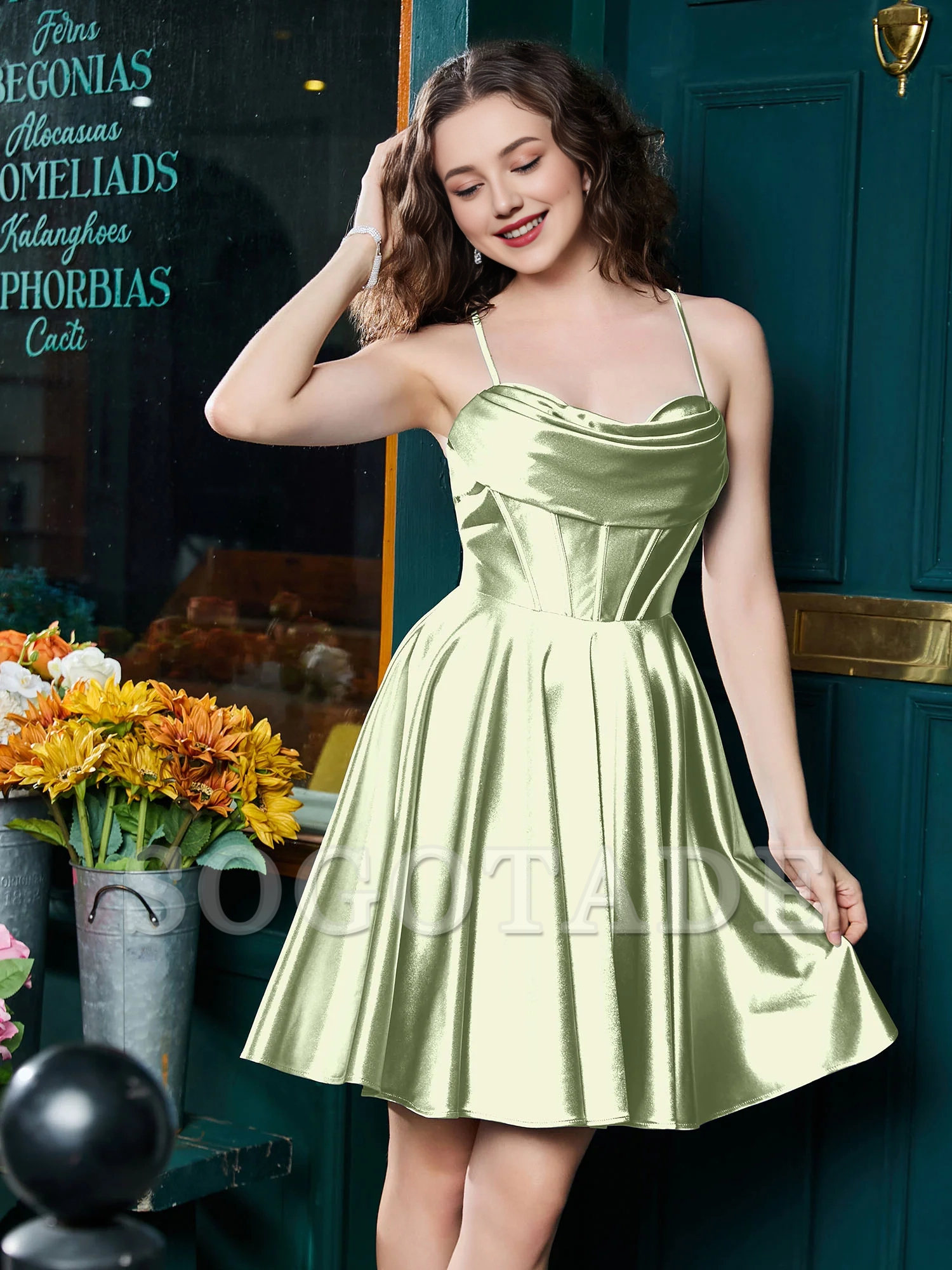 Thin shoulder strap tied with  satin mini Homecoming dress
