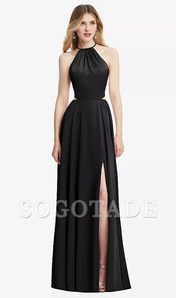 Hanging neck cross strap pleated back strap hollowed out long Prom dress