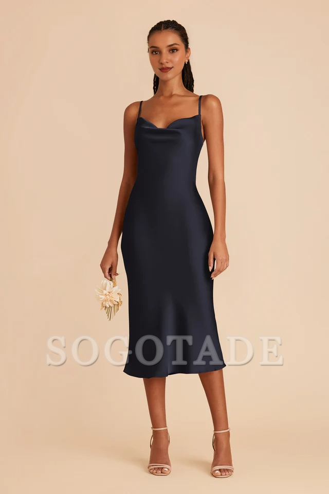 Fully lined pleated neckline mid length side zipper bridesmaid dress