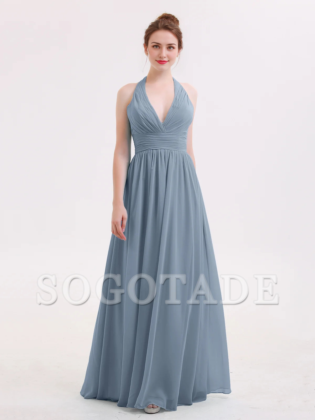 Hanging neck V-neck chiffon bridesmaid dress