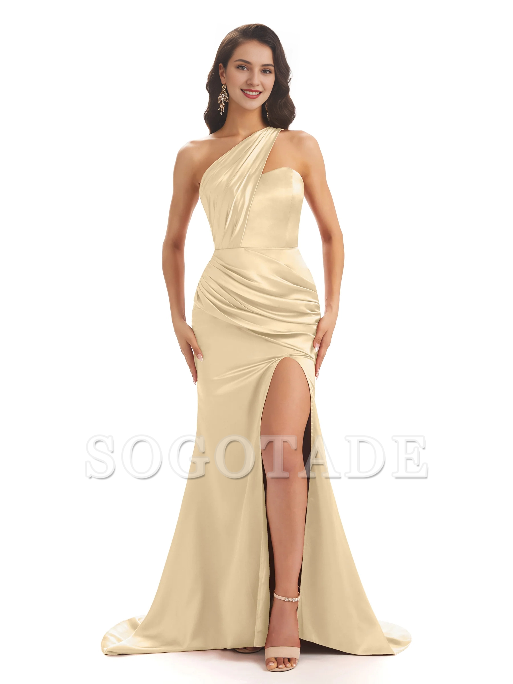 Sexy soft satin side slit one shoulder long fish tail bridesmaid dress