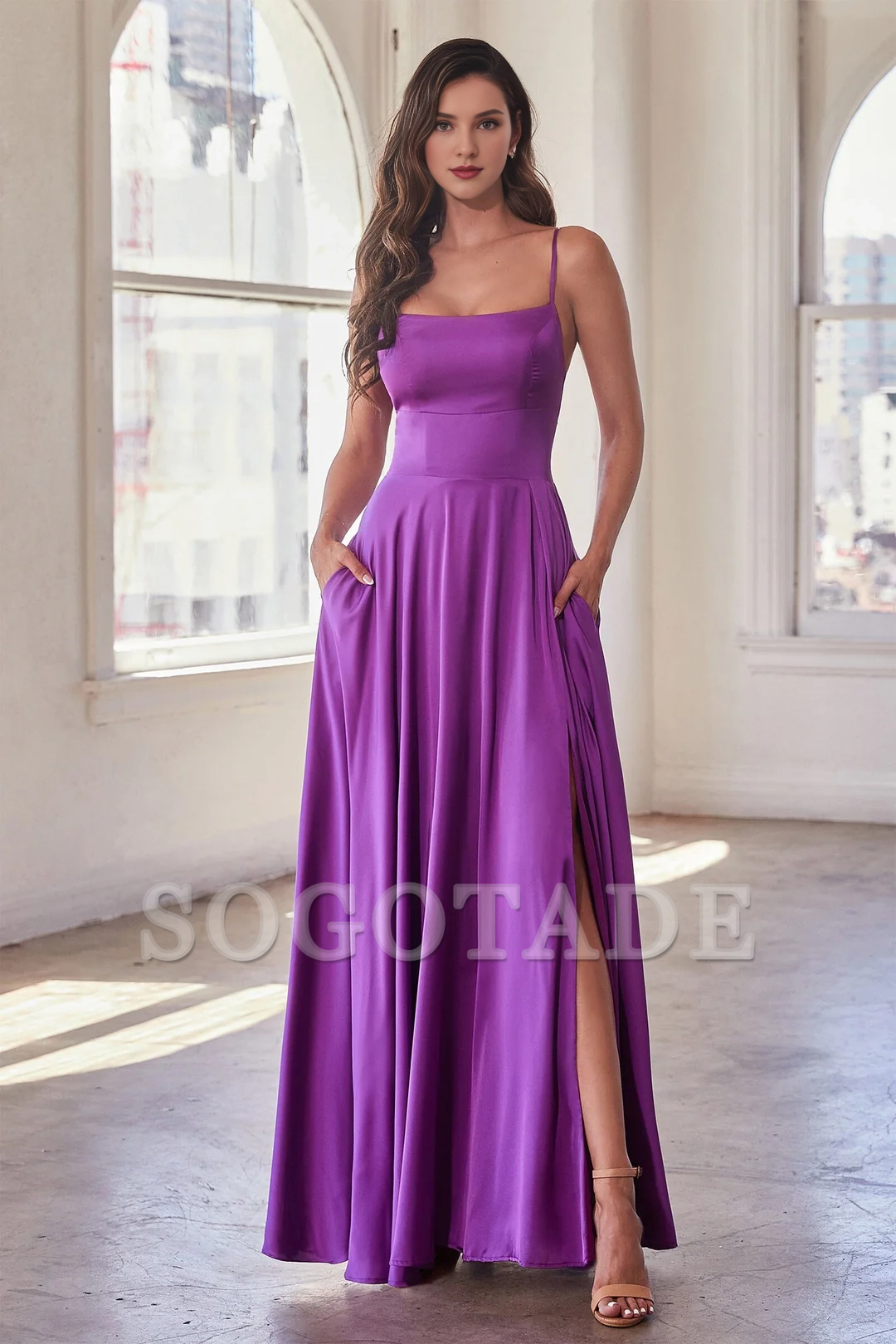 A-line slit skirt satin long sleeveless dress