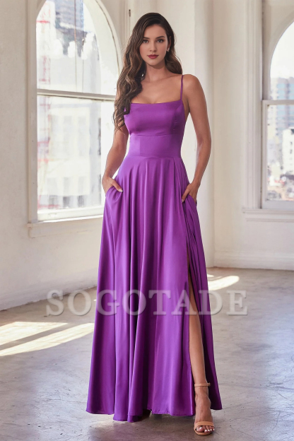 A-line slit skirt satin long sleeveless dress