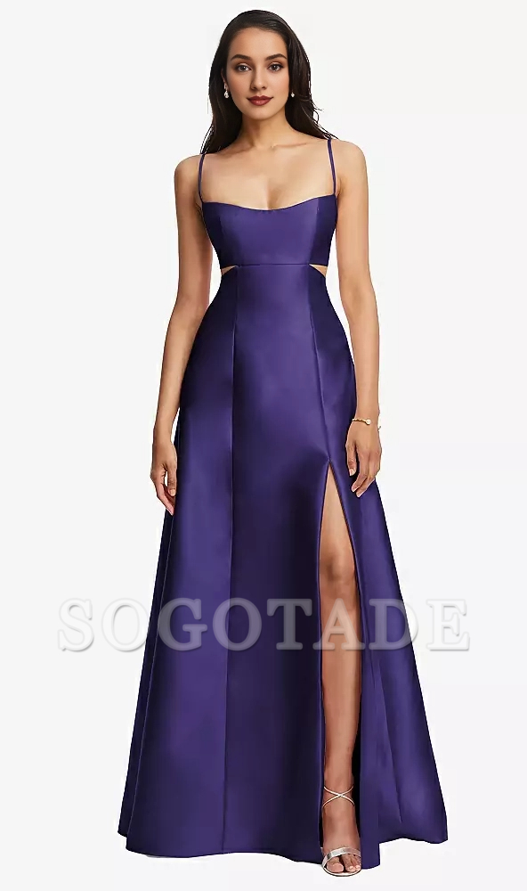 Bag open collar hollowed out satin twill A-line Prom dress