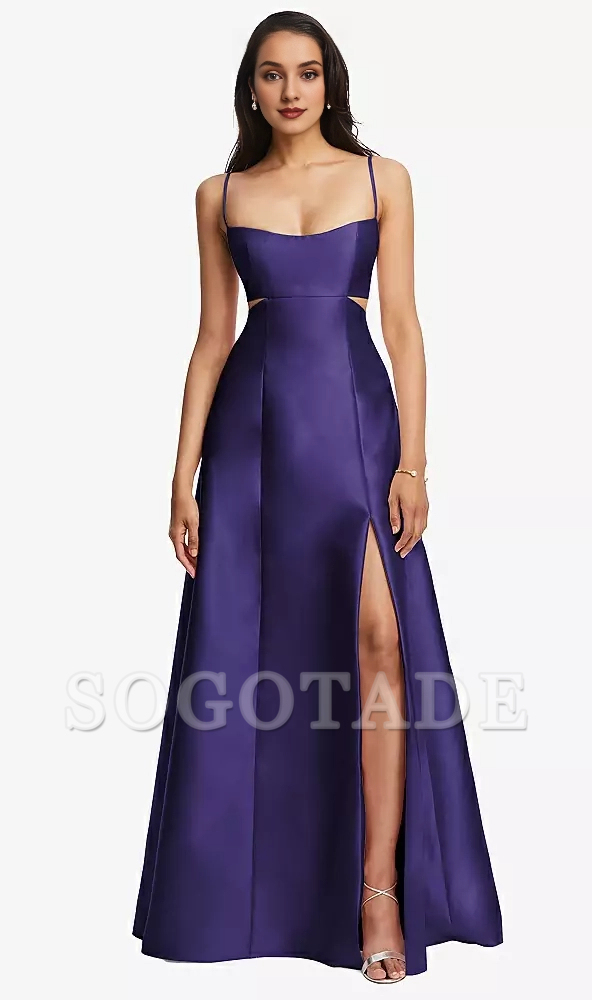 Bag open collar hollowed out satin twill A-line Prom dress