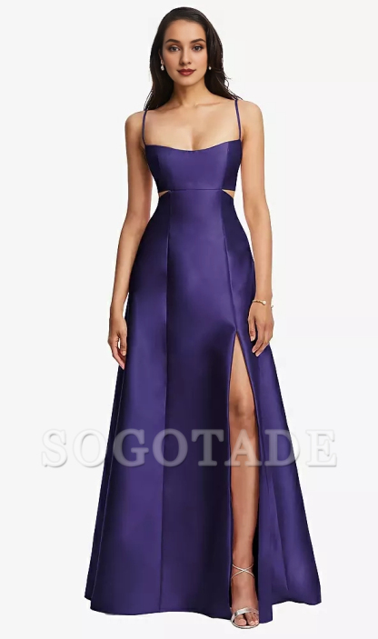 Bag open collar hollowed out satin twill A-line Prom dress