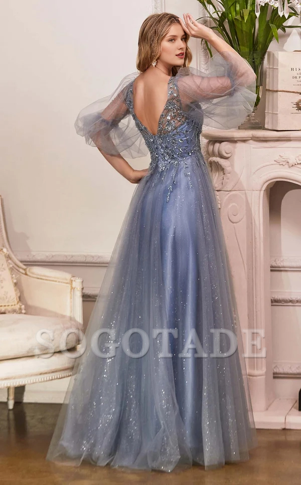 Deep V-neck tight corset lace applique mesh skirt body and floor length Prom dress