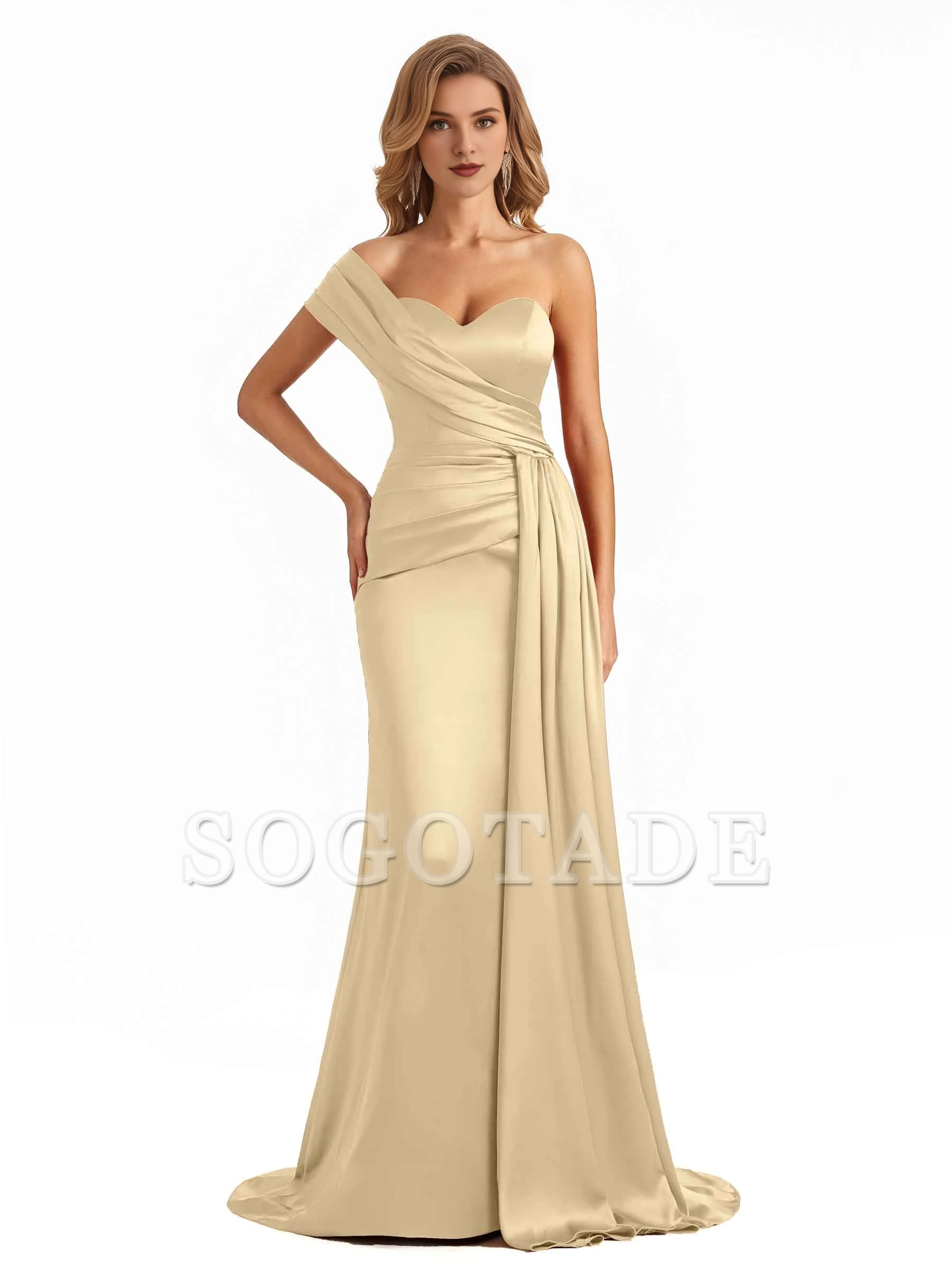 Elegant one shoulder soft satin long fish tail bridesmaid dress
