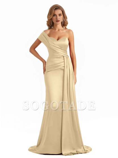 Elegant one shoulder soft satin long fish tail bridesmaid dress