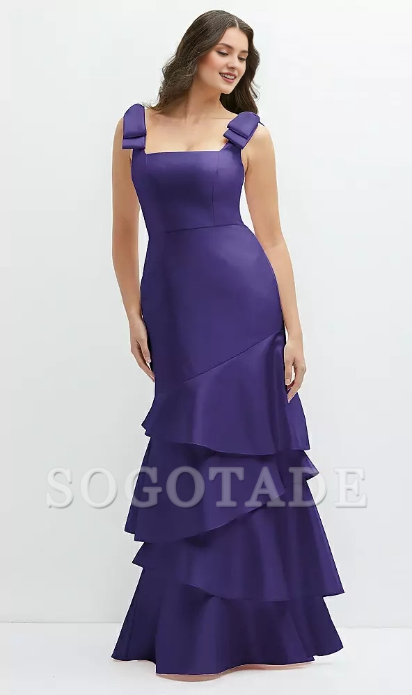 Asymmetric layered skirt with bow shoulder satin Prom dress
