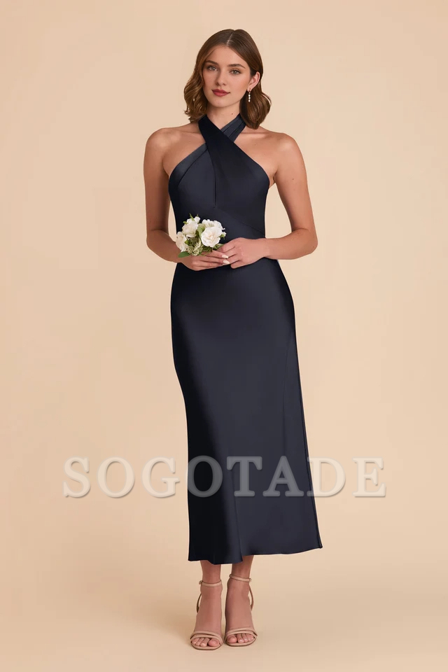 Rear tie neck matte satin and ankle length bridesmaid dress