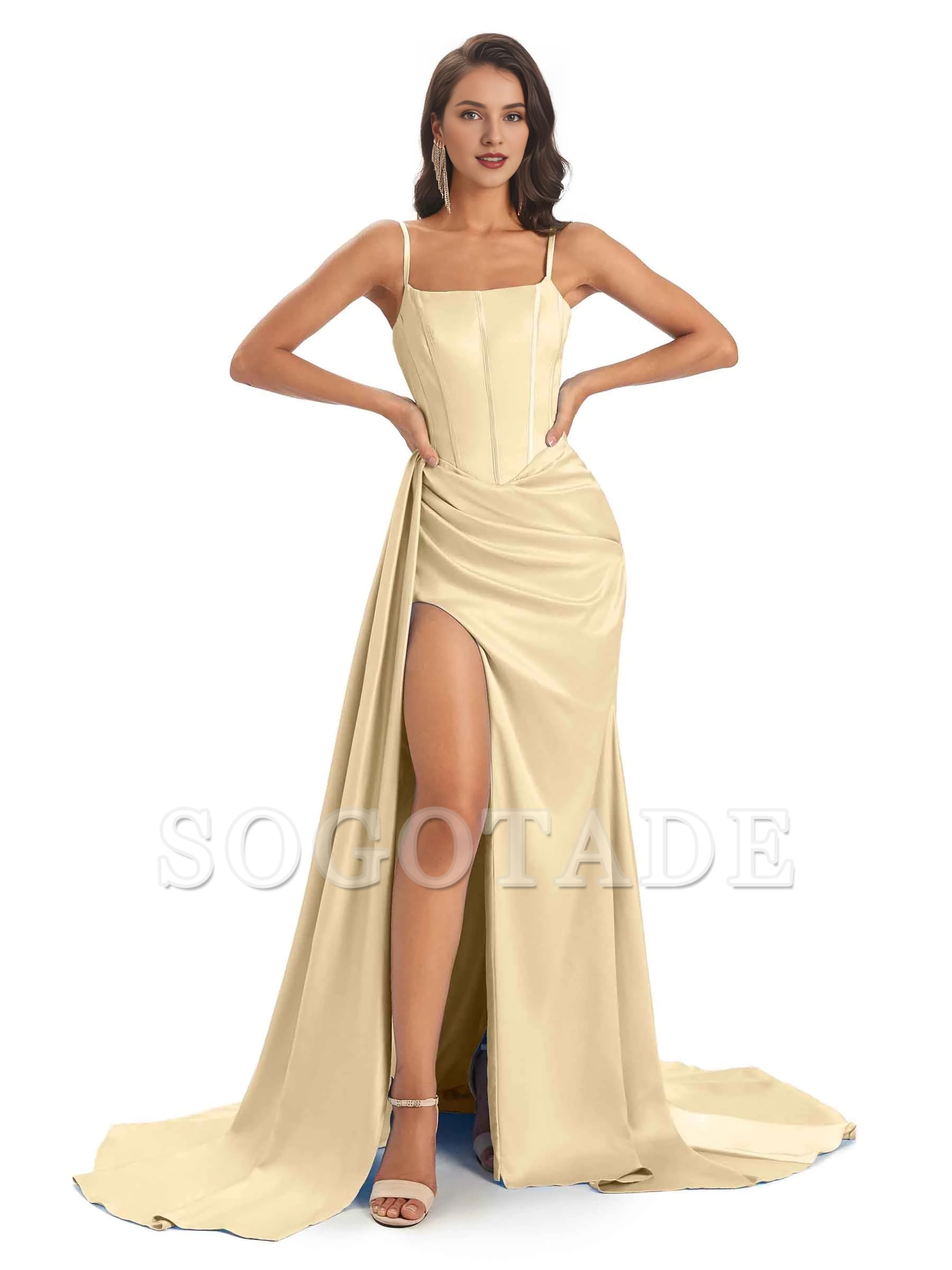 Sexy and soft satin side slit thin shoulder strap long mermaid unique bridesmaid dress