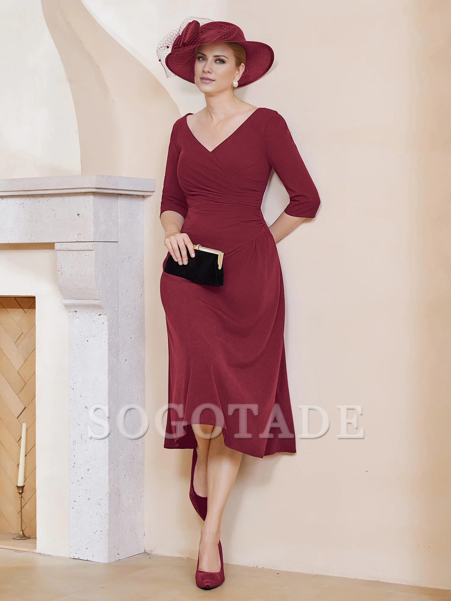 V-neck pleated A-line mother of the bride dress