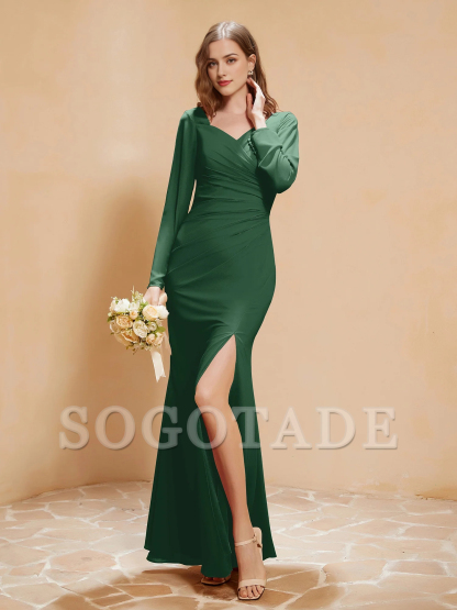 V-neck pleated fish tail chiffon dress