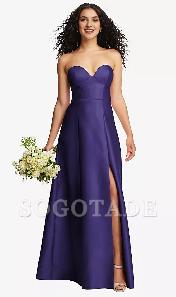 Front slit strapless tight corset A-line satin Prom dress