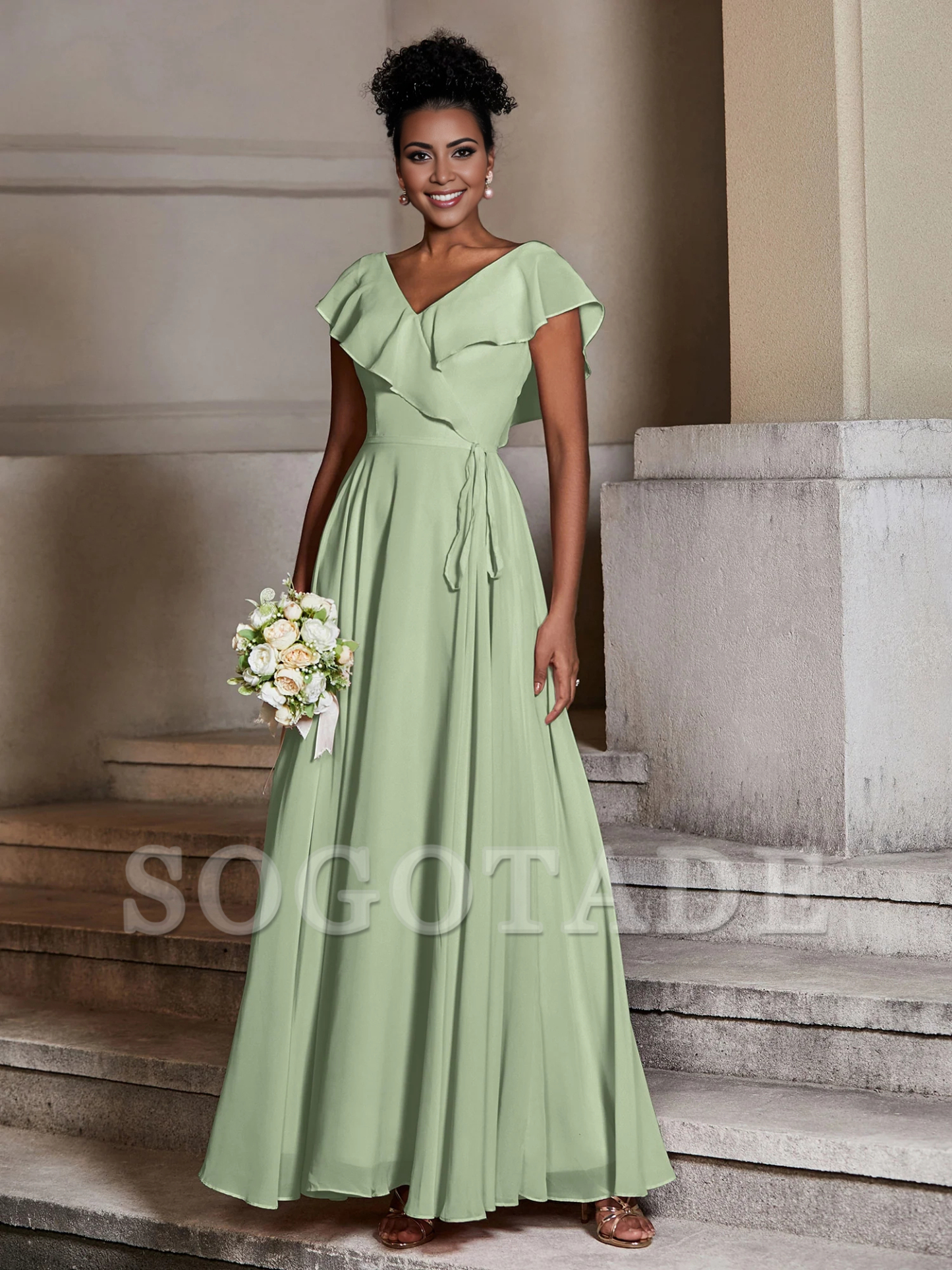 V-neck hooded chiffon dress