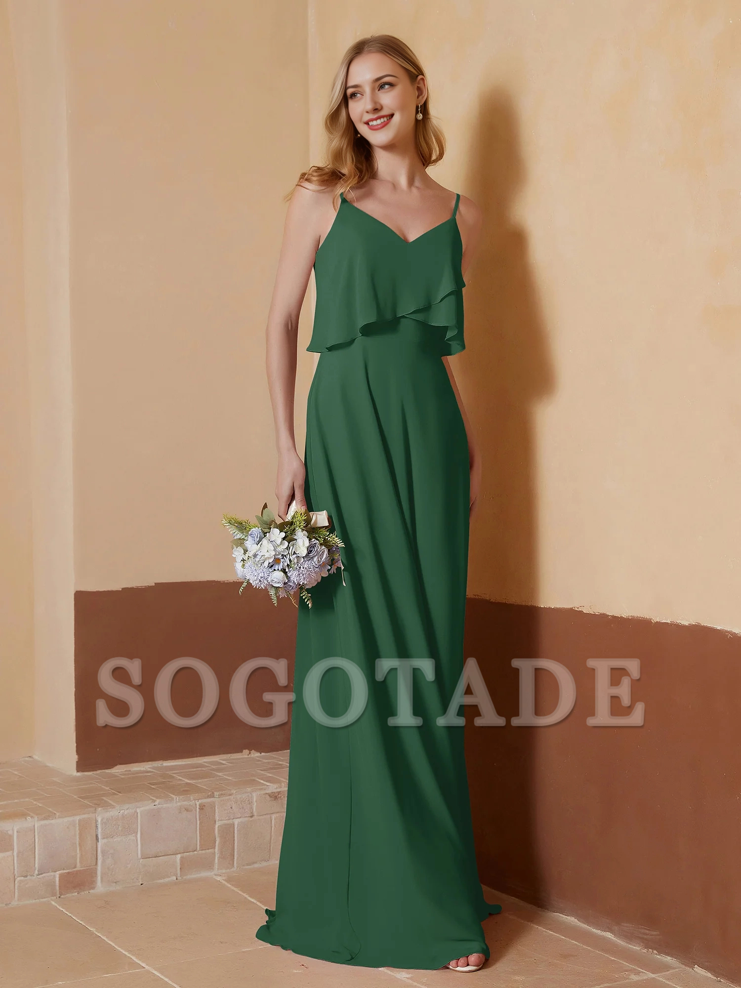 V-neck slim shoulder strap ruffled chiffon A-line dress