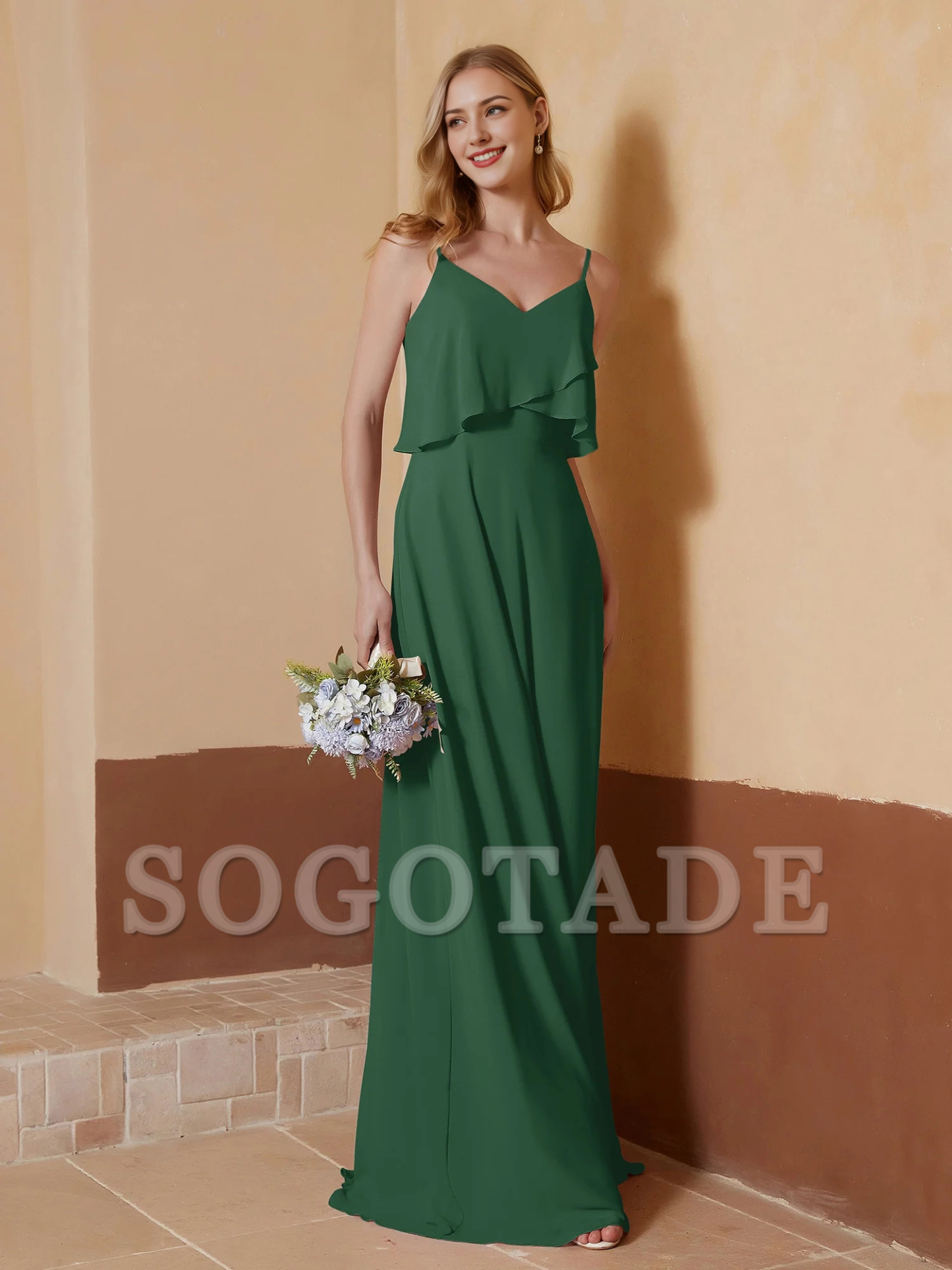 V-neck slim shoulder strap ruffled chiffon A-line dress