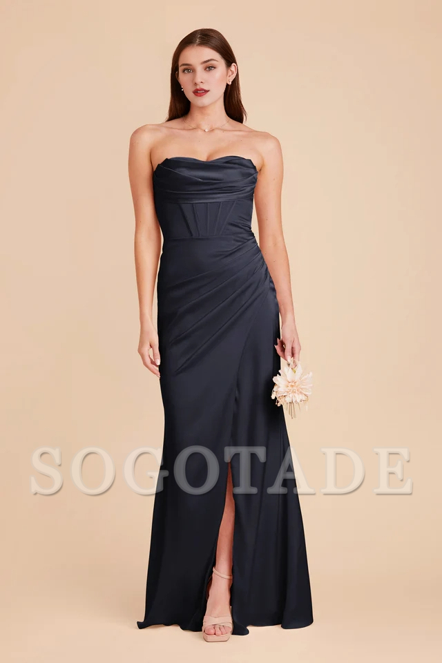Hood collar tight corset satin thin shoulder strap bridesmaid dress