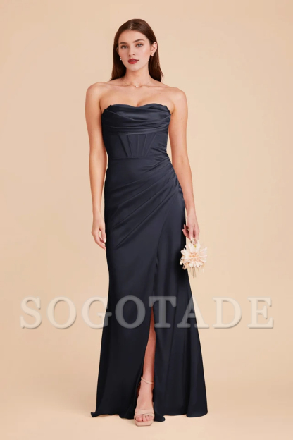 Hood collar tight corset satin thin shoulder strap bridesmaid dress