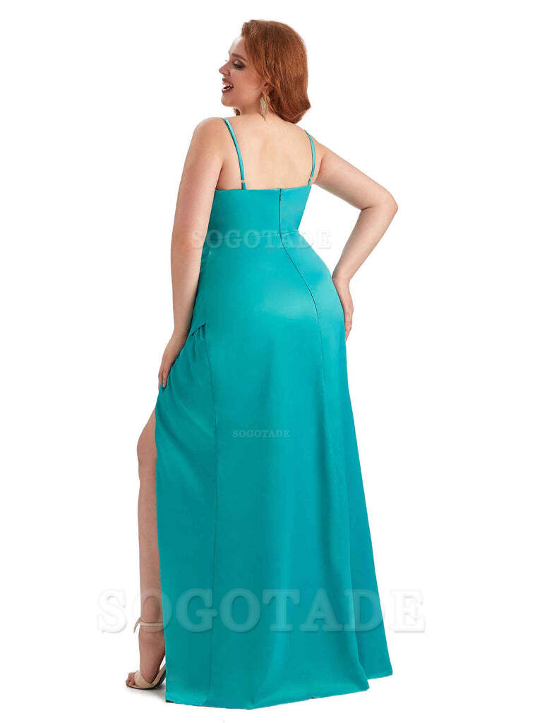 Sexy Side Slit Spaghetti Straps Mermaid Soft Satin Long Plus Size Maid of Honor Dresses