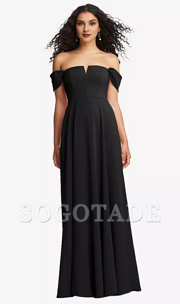 Off shoulder pleated sleeves with A-line extra long Prom dress