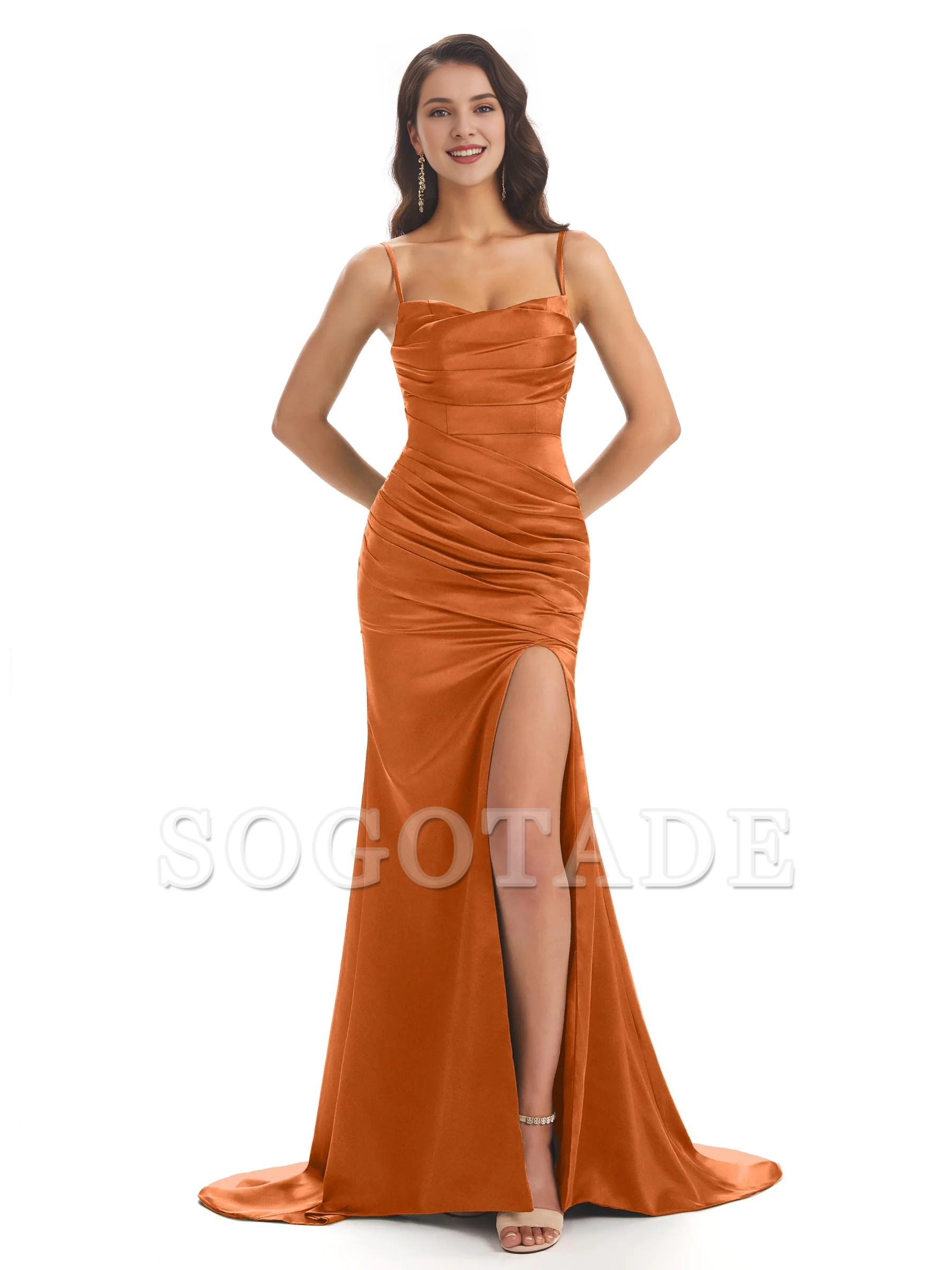 Sexy mermaid soft satin thin shoulder strap side slit bridesmaid dress