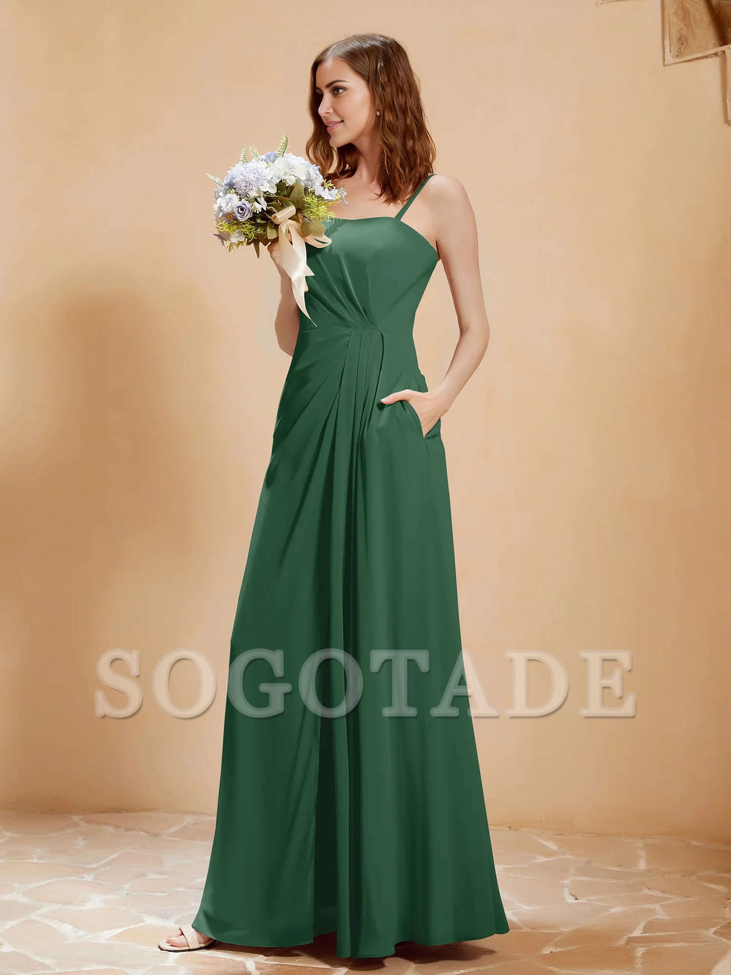 Square collar A-line pocket chiffon dress