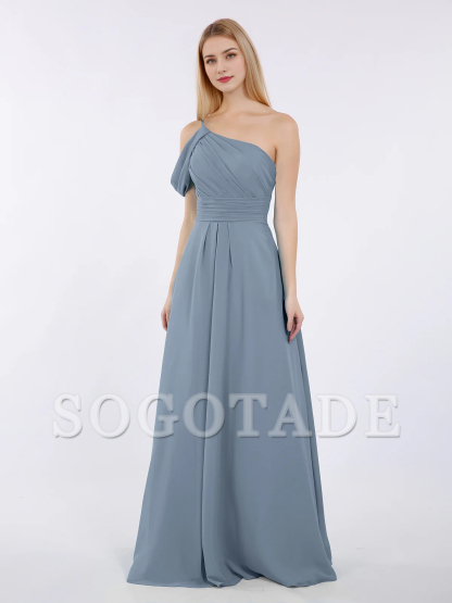 One shoulder chiffon long bridesmaid dress