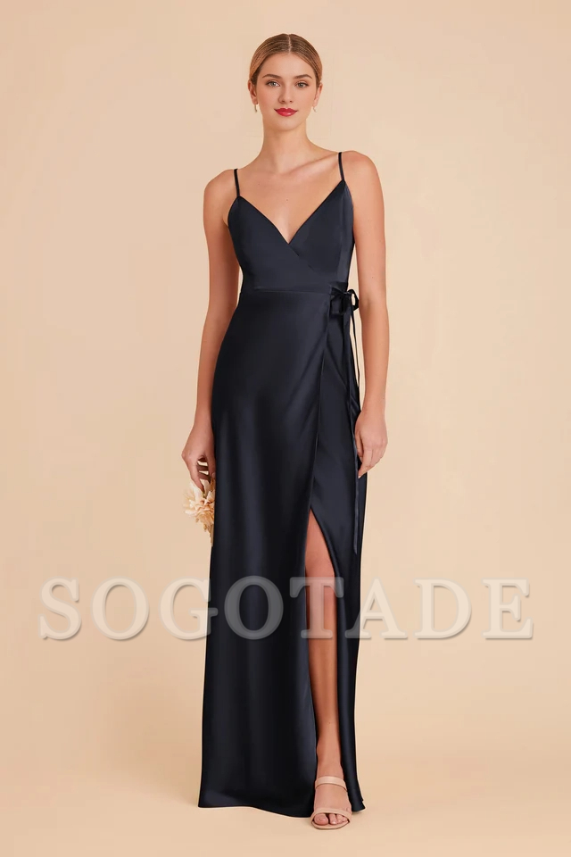 V-neck thin shoulder strap wrapped chiffon bridesmaid dress