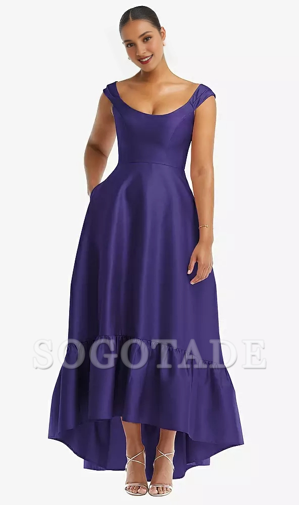 Pocket lid sleeves deep ruffle hem satin high and low hem Prom dress
