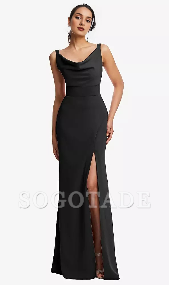 Front slit bucket collar wide shoulder strap crepe horn and floor length Prom dress