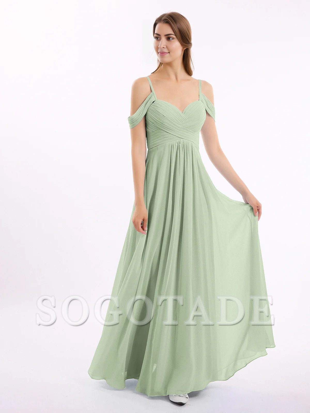 Off shoulder thin shoulder strap chiffon dress