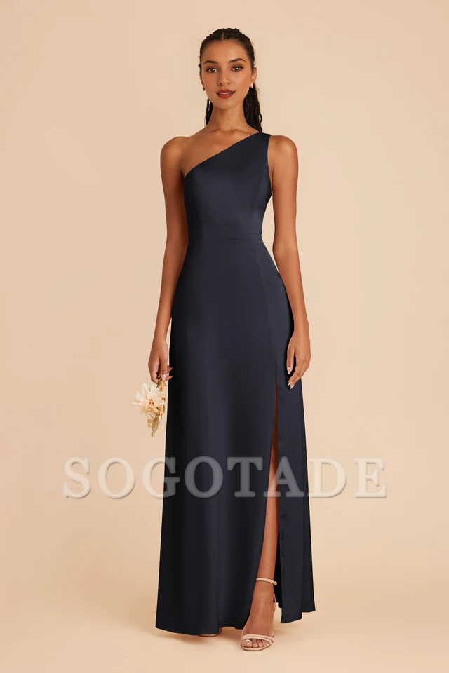 One shoulder collar fully lined trumpet shaped mermaid slit bridesmaid dress