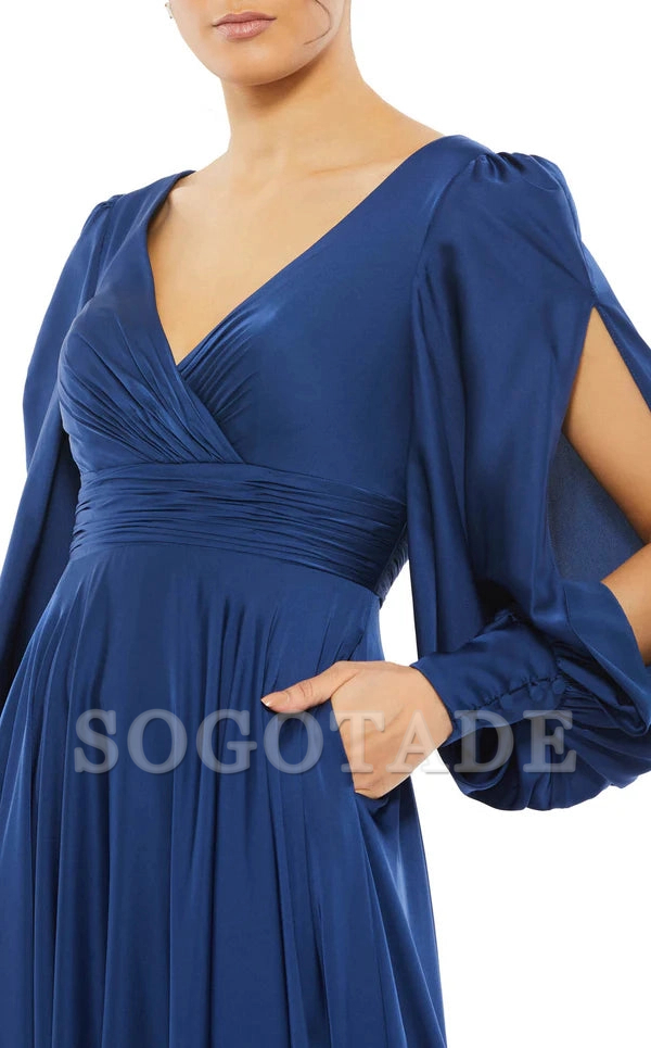 A-line V-neck satin long sleeved back zipper and floor length Prom dress