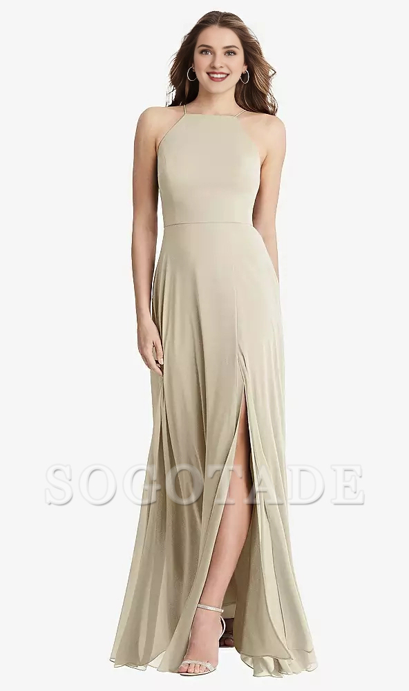 Front slit high neck chiffon long Prom dress