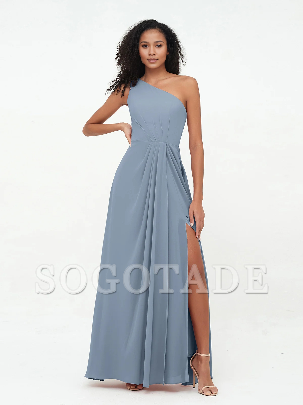 Split grey rose one shoulder chiffon bridesmaid dress